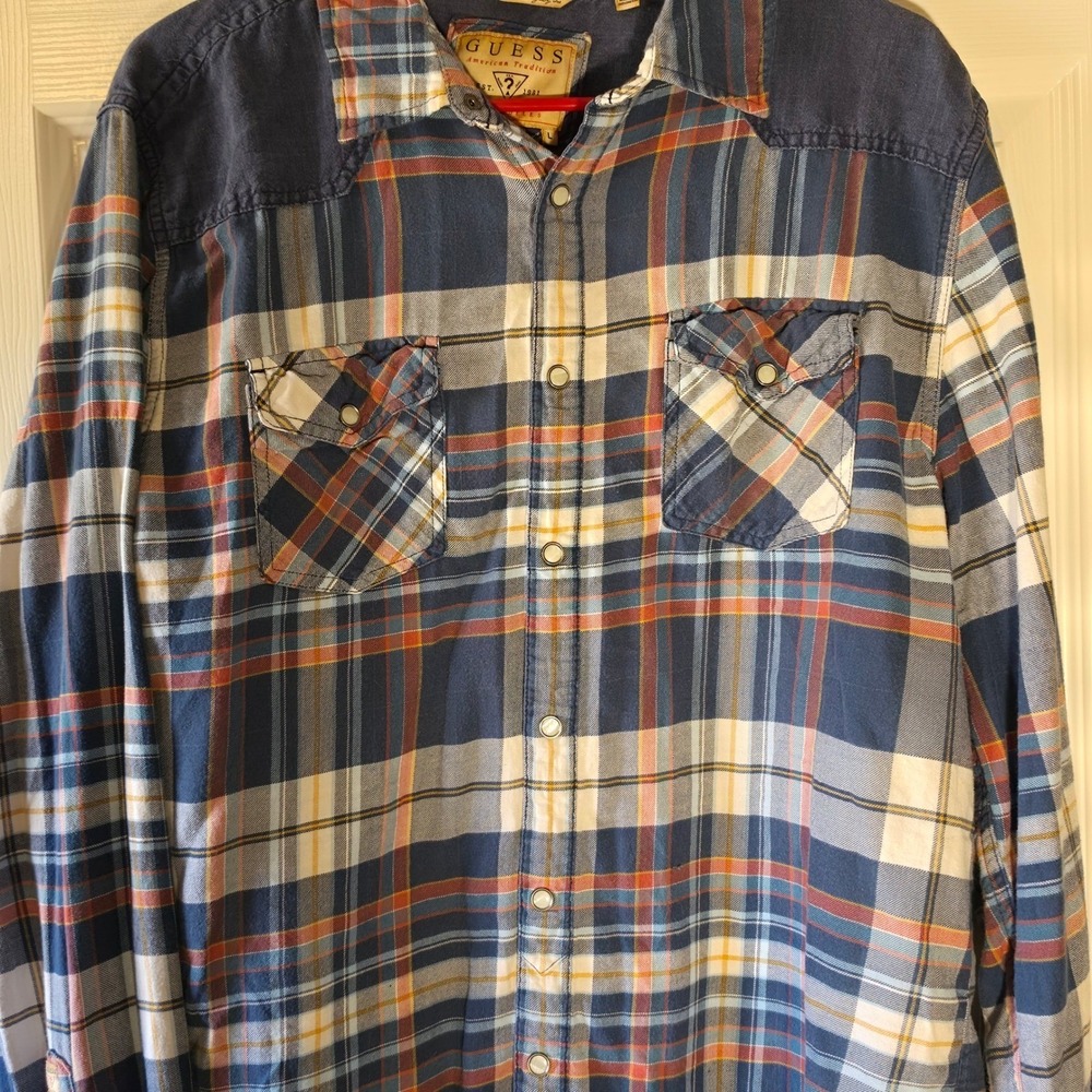 Vintage GUESS Pearl Snap Western Plaid Shirt Blue Orange Contrast Yoke Flannel - Picture 4 of 10